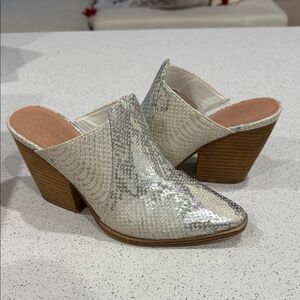 Beige and Silver Faux Snakeskin Textured Mules